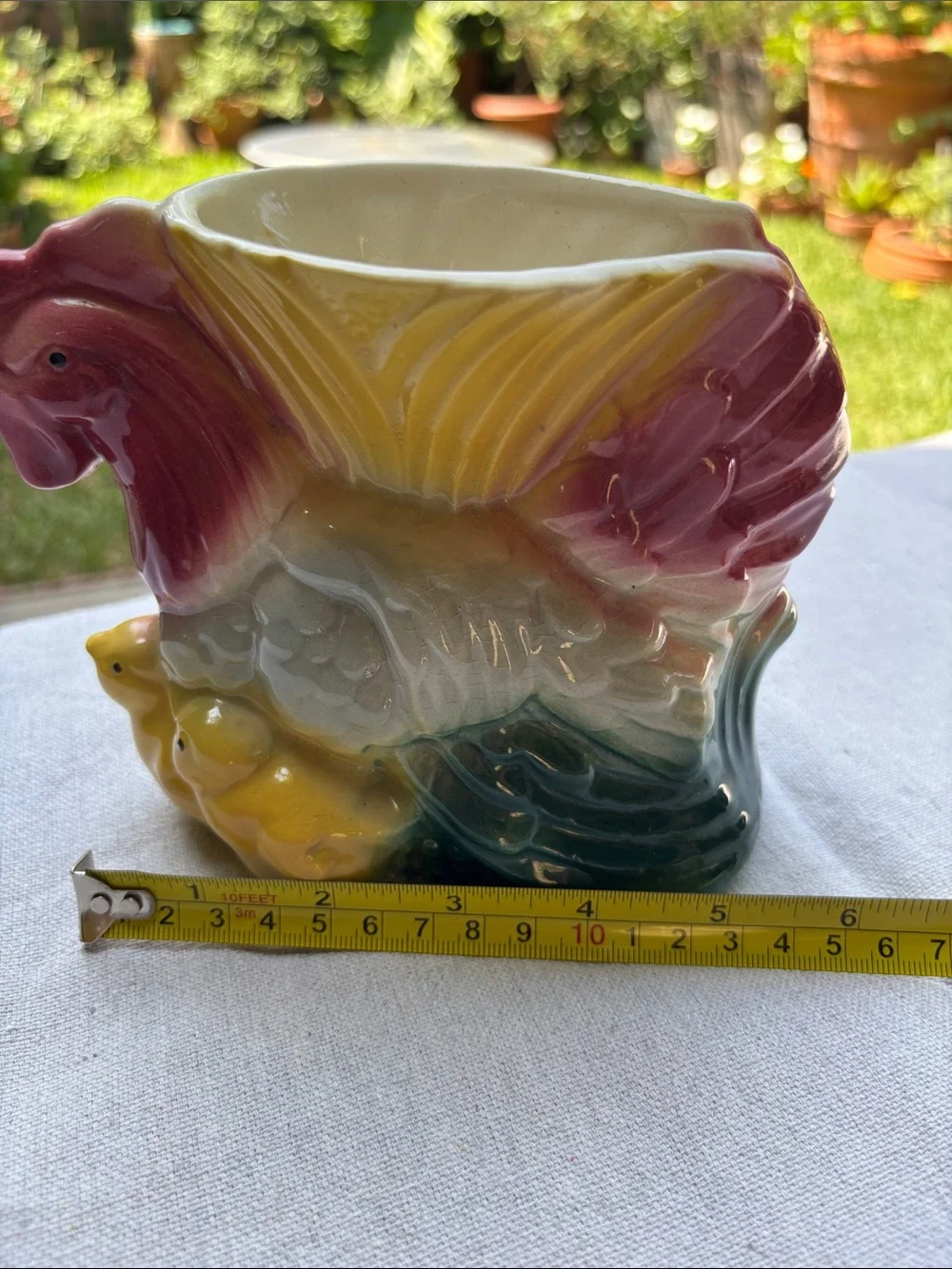 Vintage Hand-Painted Rooster Ceramic Vase in Red, Yellow & Green